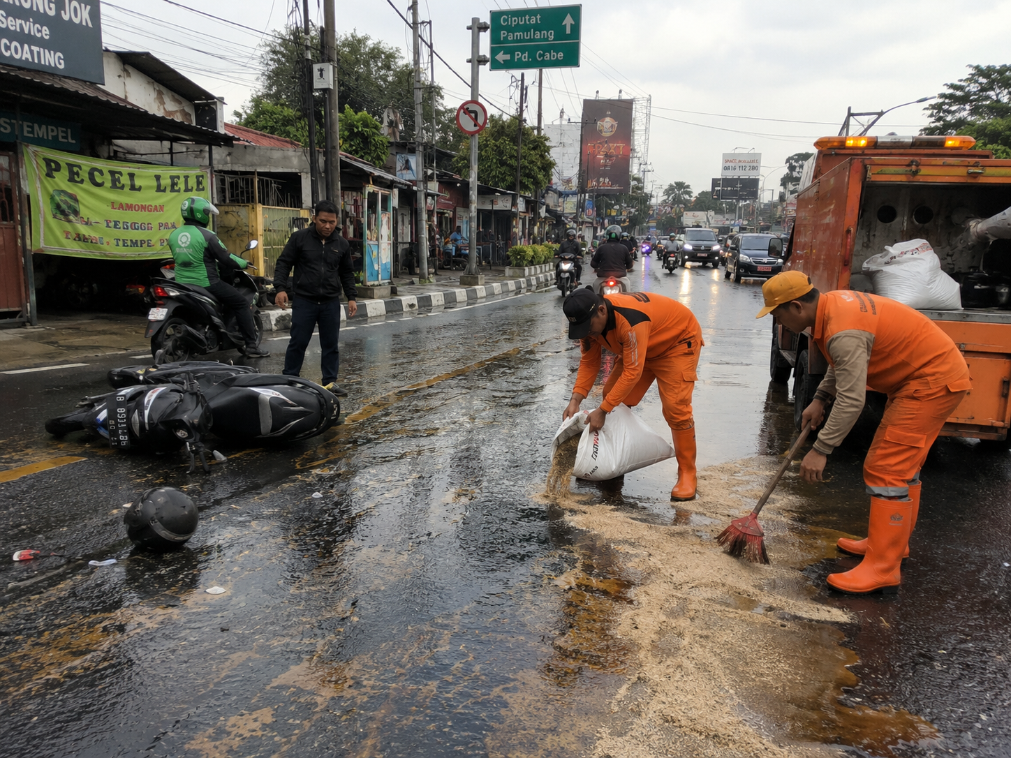 80 Kilogram Minyak Curah Tumpah di Jalan Ciputat, Dua Pemotor Terpeleset